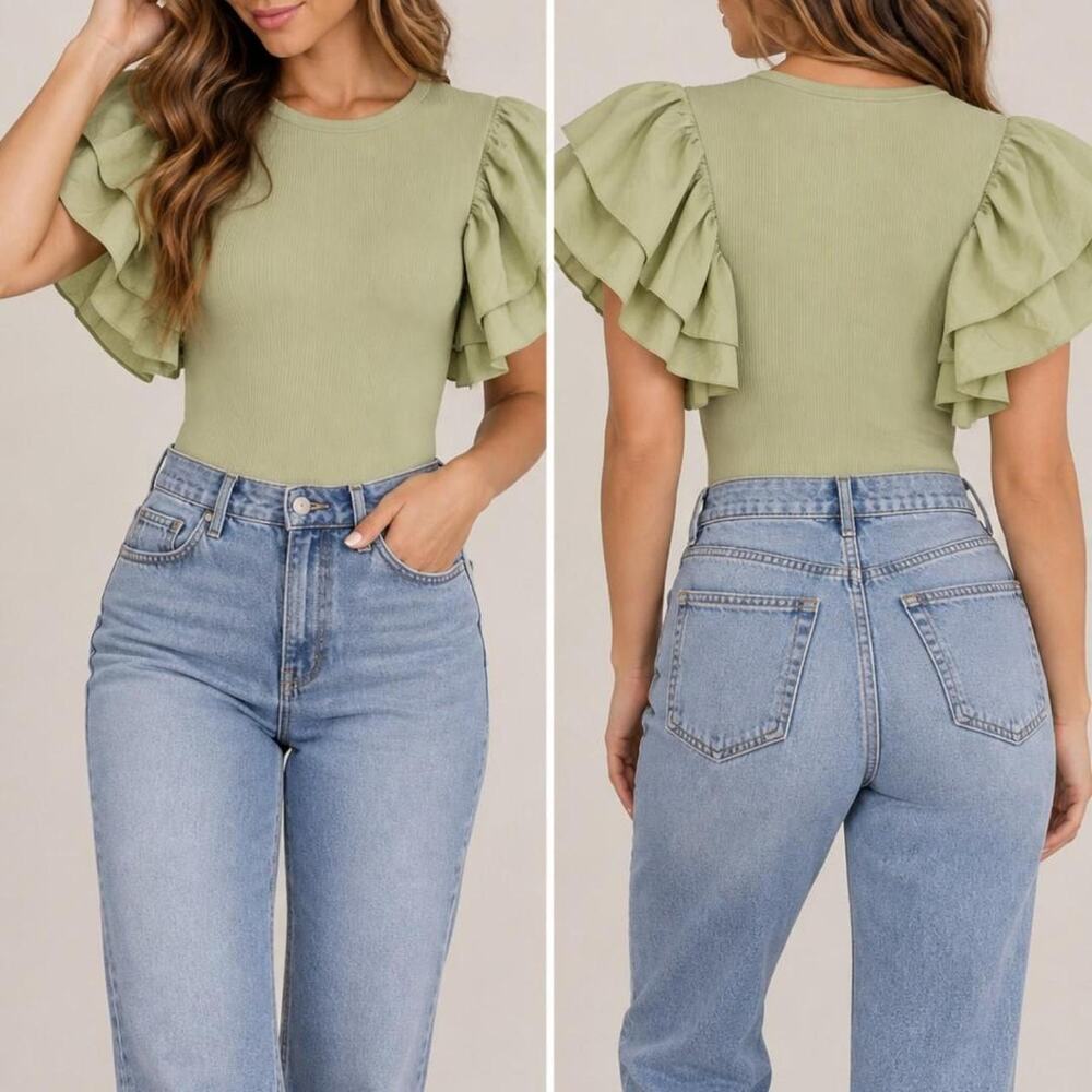 Zara green bodysuit with ruffled top